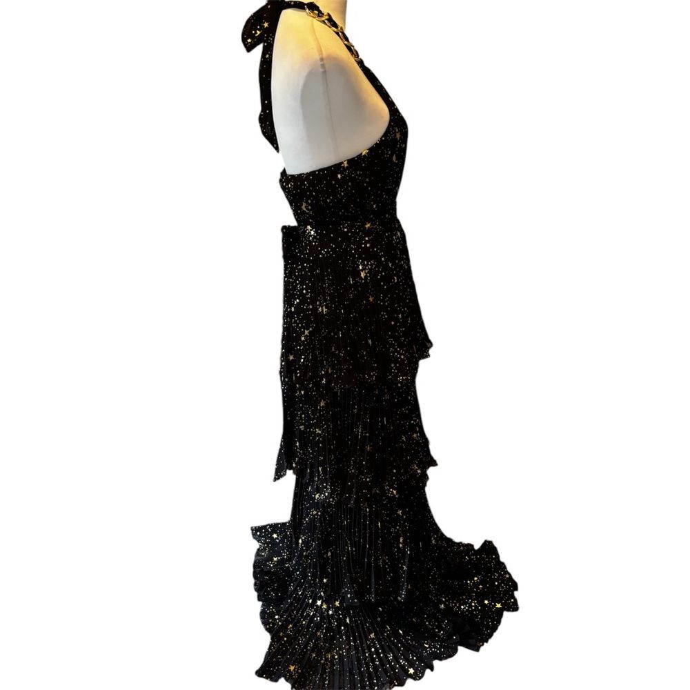NWT Alex Marie Black and Gold Tiered Pleated Halter Maxi Dress – Size 4 - Picture 11 of 14